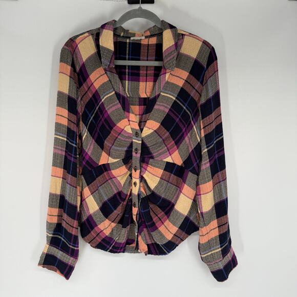 Pilcro Anthropologie Ruched Long-Sleeve Flannel Shirt Women's Sze L Purple Indie - Picture 2 of 11